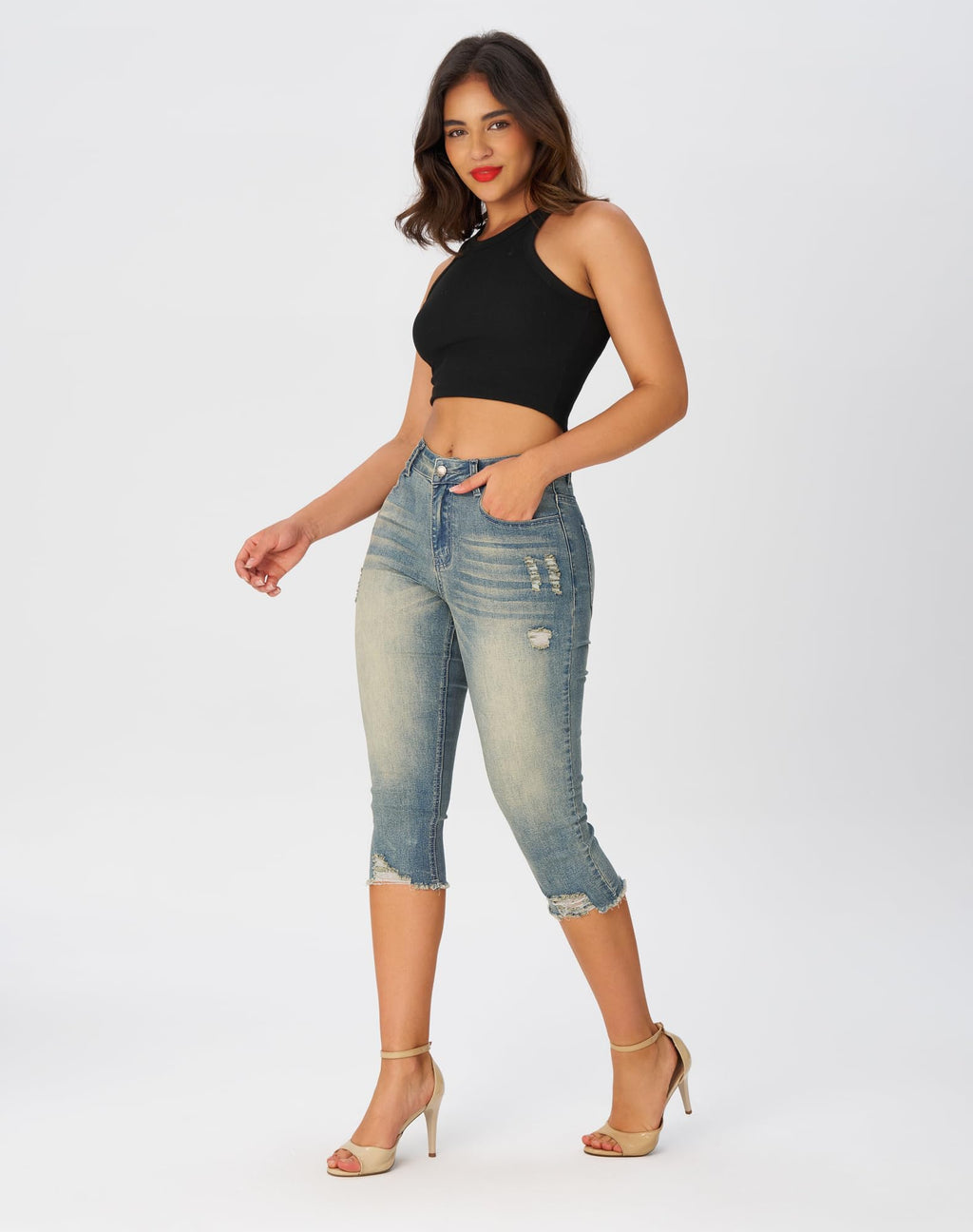 roswear Women's Capri Pants Mid Rise Skinny Ripped Stretchy Cropped Distressed Jeans