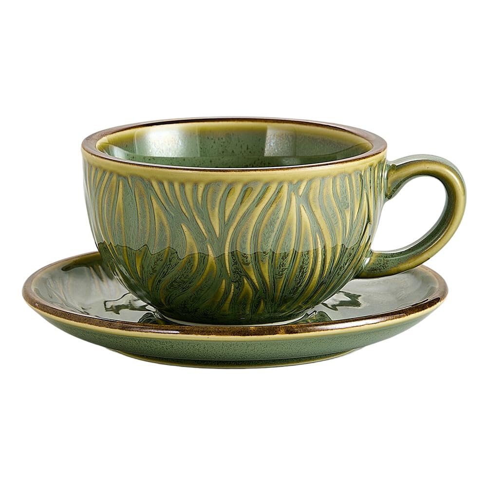 Coffeezone Vintage Design 12 oz Ceramic Latte Art Cappuccino Barista Cup with Saucer (Beige)
