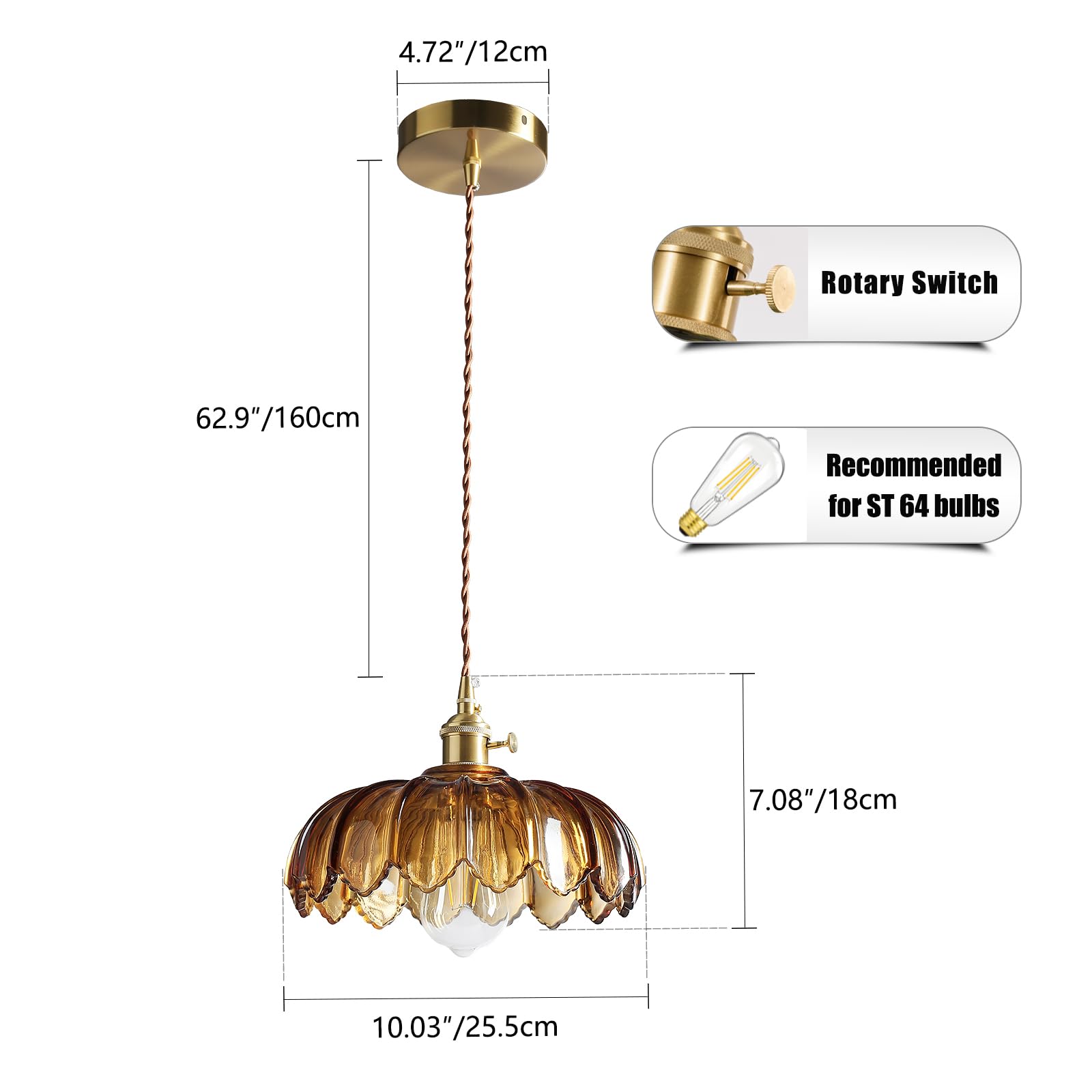 XZHGCEE Plug in Pendant Light: Amber Hanging Lamp Plug in Pendant Lamp, Glass Pendant Lighting for Kitchen Island, Bedroom, Dining Room, Living Room, No Bulb