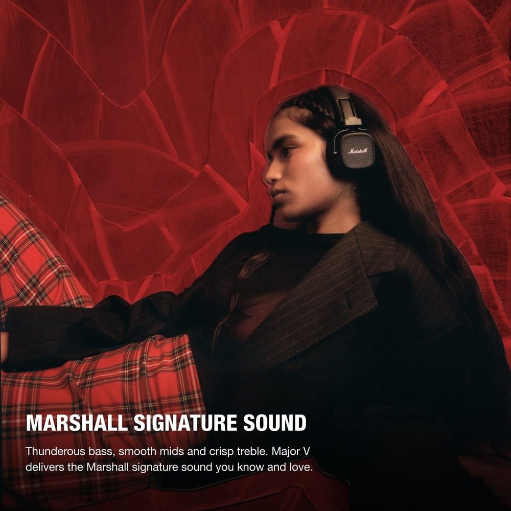 Marshall Major V Wireless On-Ear Bluetooth Headphones - 100+ Hr Playtime | Detachable Audio Cable | Microphone for Calls | Lightweight, Foldable Design for Travel - Black