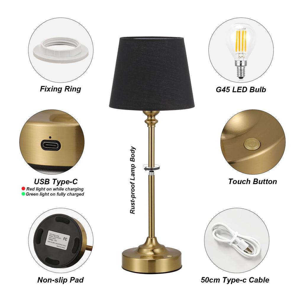 Touch Control Cordlss Table Lamp, USB-C Rechargeable Lamp with Stepless Dimming, 4000mAh Battery Operated Bedside Lamp for Bedroom, Living Room, Night Light & Emergency Lighting, Black, 1 Pack