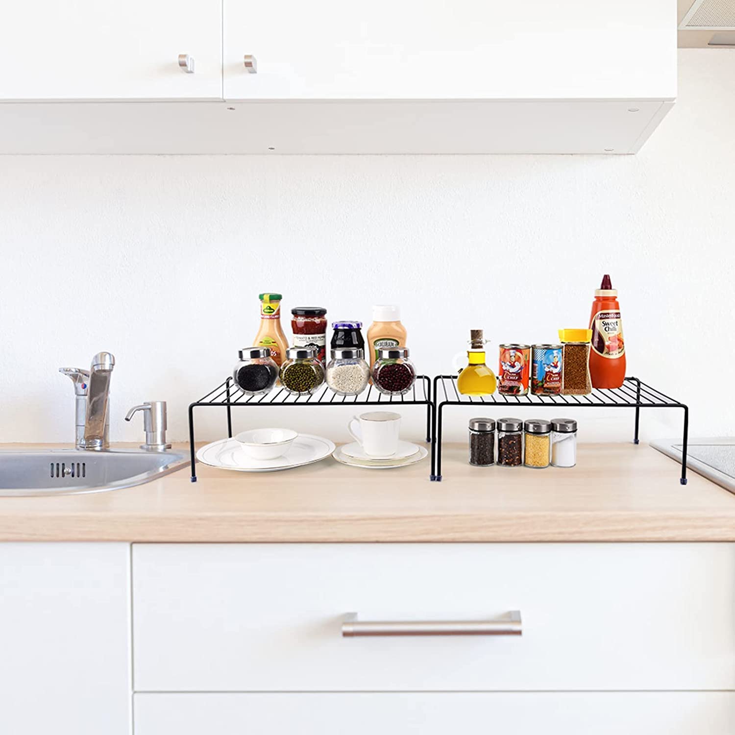 Large Cabinet Storage Shelf Rack (16.1 x 10.2 Inch), Kitchen Counter Organizer, Fridge and Bathroom Cupboard Storage Rack (Black, 2)