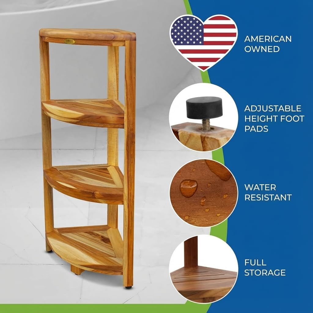 DecoTeak Teak Corner Shower Shelf – 2 Tier Waterproof Bathroom Storage Organizer Compact Wood Storage | Water-Resistant Design | Space Saver for Showers & Small Bathrooms | Shaving Foot Rest