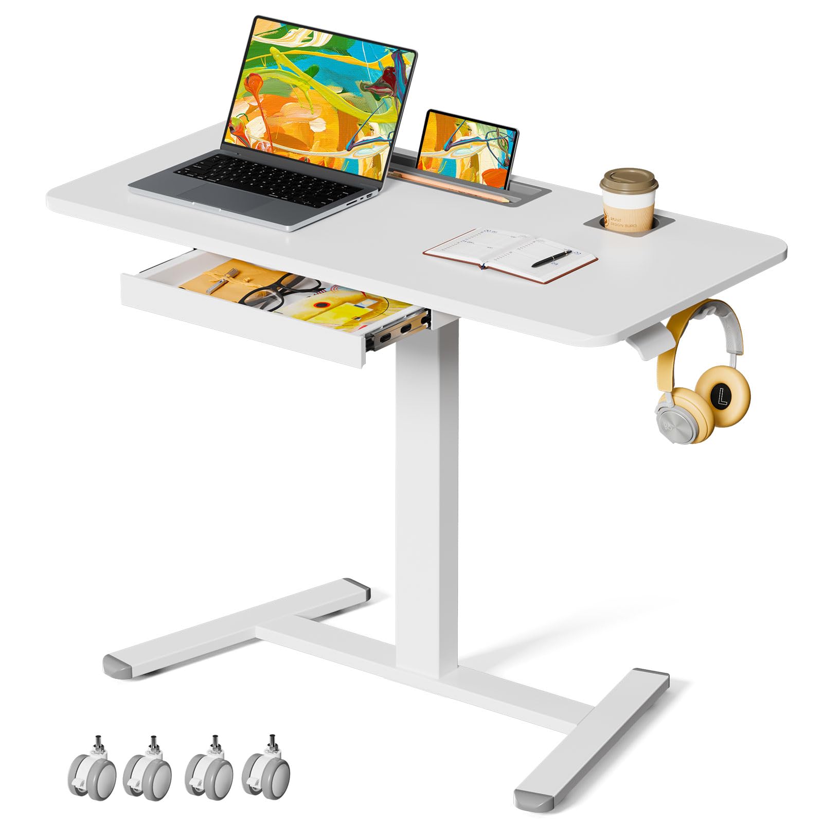 Small Mobile Standing Desk with Drawer, 23.6"x19.7" Rolling Laptop Cart on Wheels, Height Adjustable Sit Stand Computer Workstation with Storage for Compact Space, Black