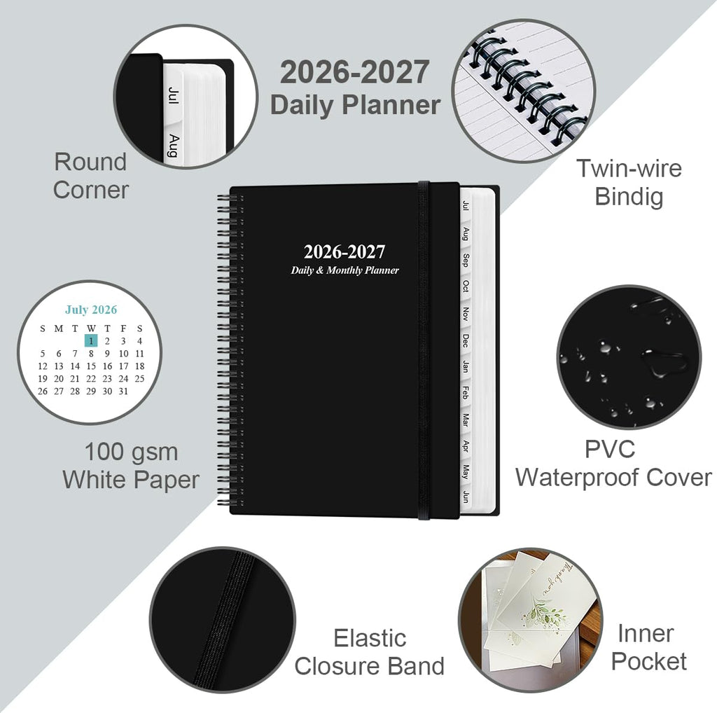 2026-2027 Daily & Monthly Planner - One Page Per Day, Daily Planner from July 2026 to June 2027, Planner 2026-2027 with 12 Monthly Tabs, 6.4" x 8.5", Black