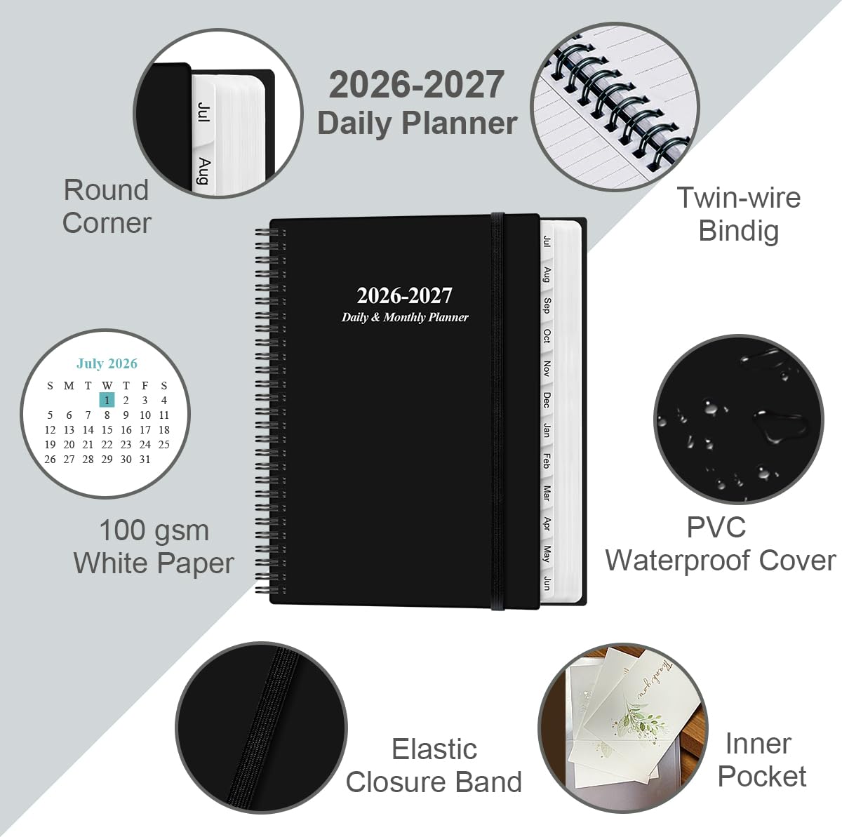 2026-2027 Daily & Monthly Planner - One Page Per Day, Daily Planner from July 2026 to June 2027, Planner 2026-2027 with 12 Monthly Tabs, 6.4" x 8.5", Black