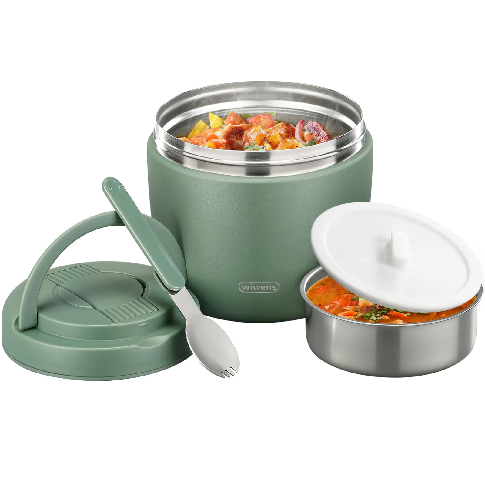 wiwens Thermo Food Jar for Hot Food Adults 32OZ Soup Thermo Lunch Containers Wide Mouth Vacuum Insulated Stainless Steel Leakproof Bento Box with Spoon (Beige)