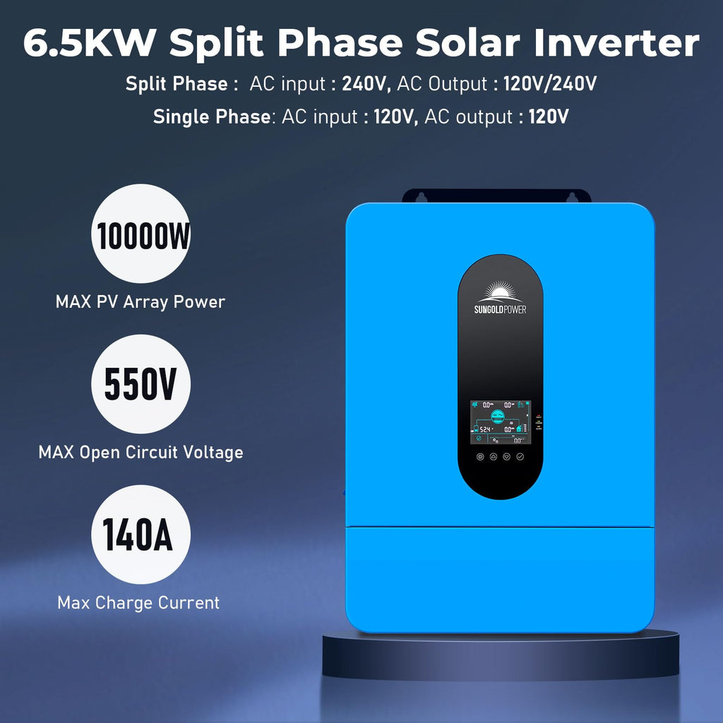 SUNGOLDPOWER 10000W DC 48V UL1741 Solar Inverter,Split Phase,Built-in 2 MPPT Solar Controllers,Max. 200A Battery Charging,AC Input/Output 120V/240V(settable) Inverter Charger(Support Parallel & COMM)