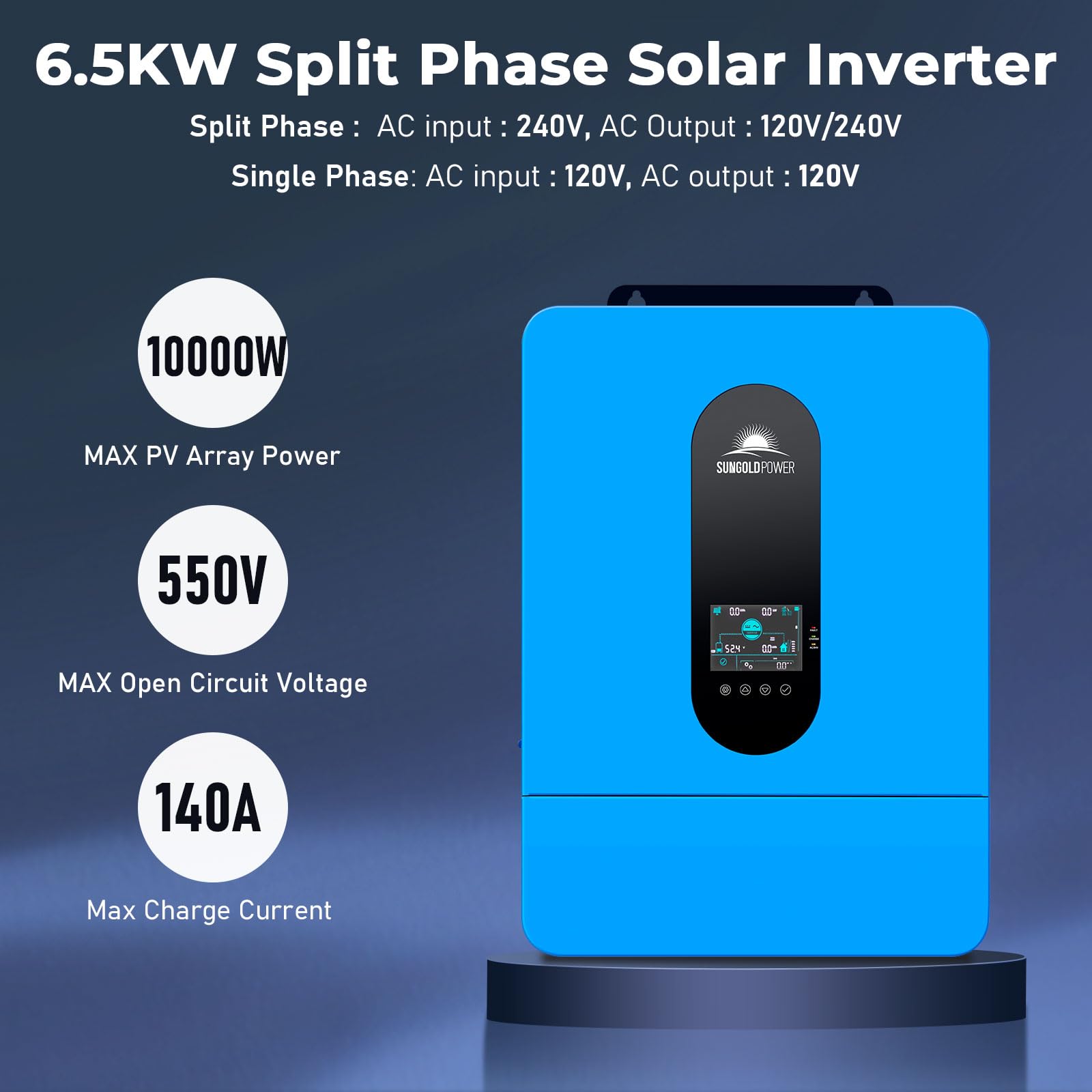 SUNGOLDPOWER 10000W DC 48V UL1741 Solar Inverter,Split Phase,Built-in 2 MPPT Solar Controllers,Max. 200A Battery Charging,AC Input/Output 120V/240V(settable) Inverter Charger(Support Parallel & COMM)