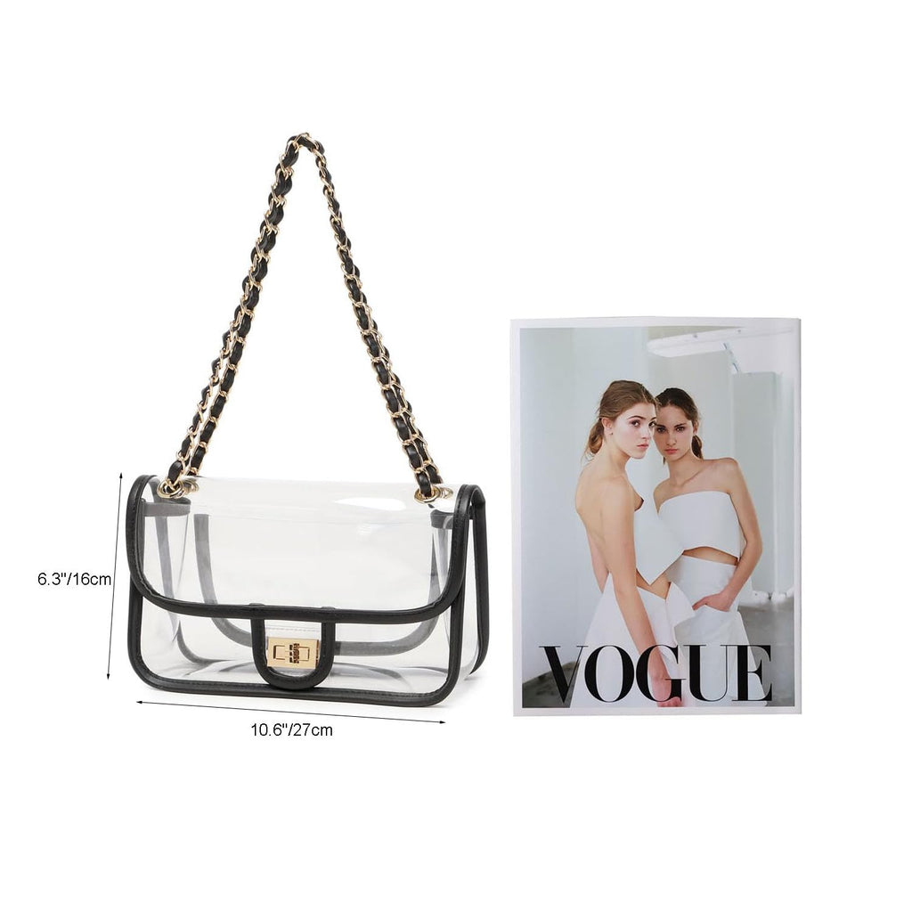 Womens PVC Clear Purse Handbag with Chain Stadium Approved Clear Bag See Through Bag for Working and Concert