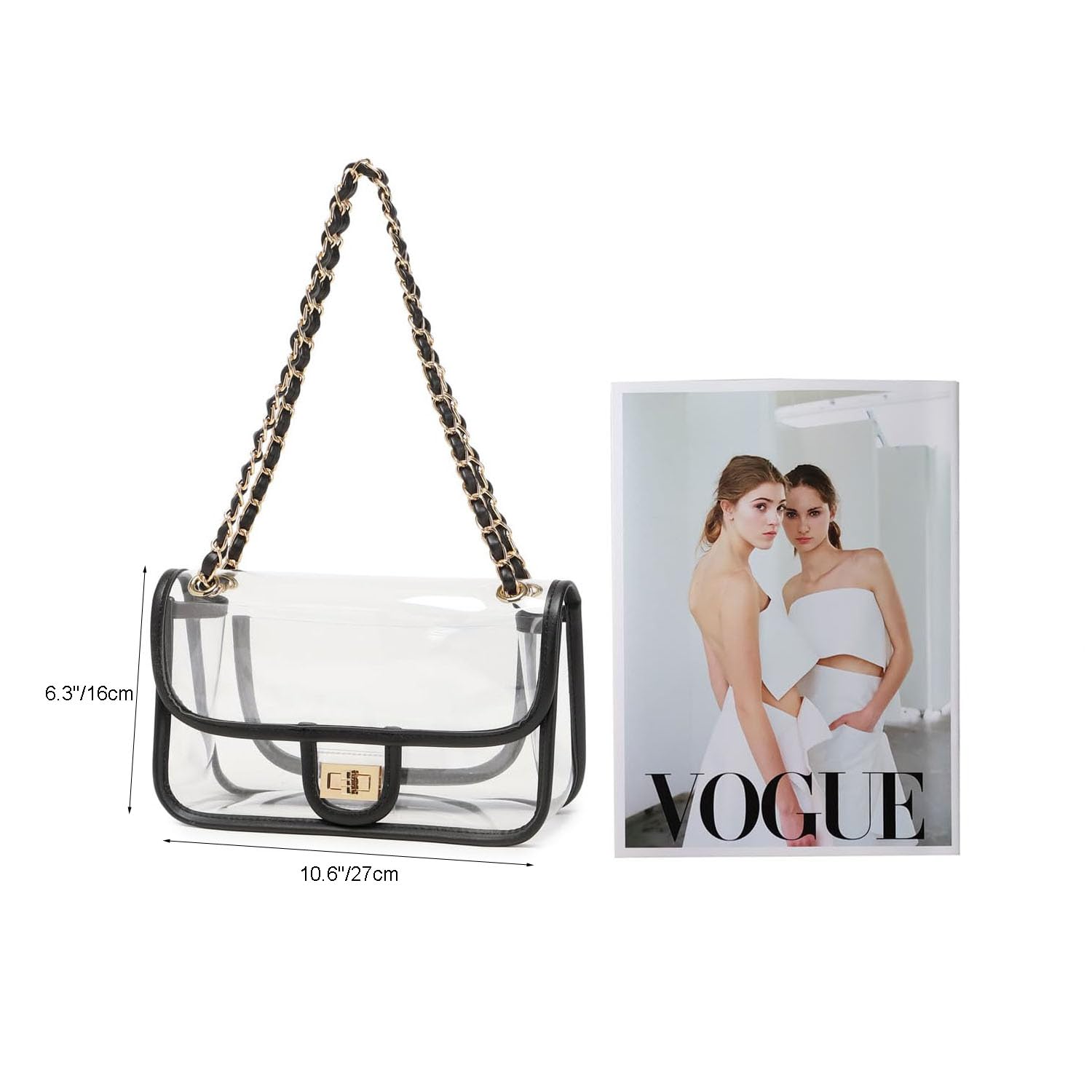 Womens PVC Clear Purse Handbag with Chain Stadium Approved Clear Bag See Through Bag for Working and Concert