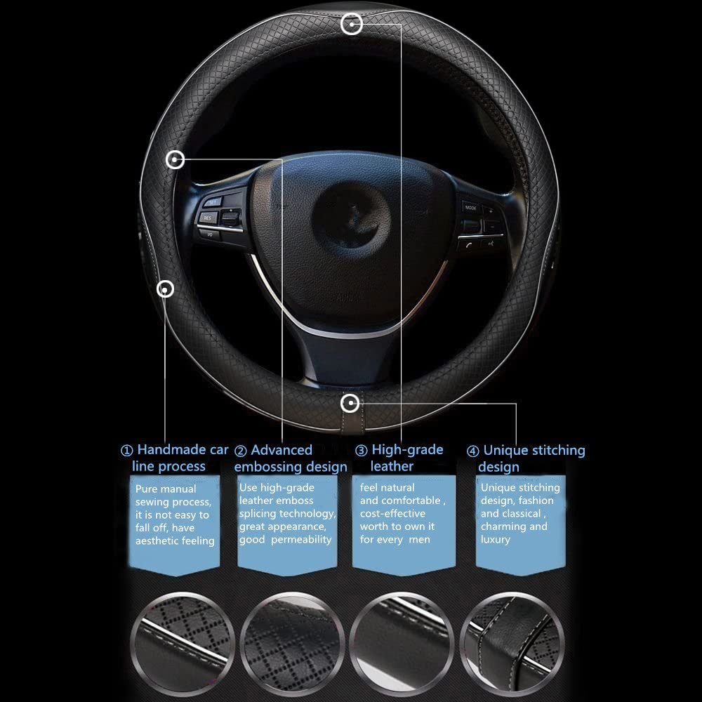 Car Steering Wheel Cover, Anti-Slip, Safety, Soft, Breathable, Heavy Duty, Thick, Full Surround, Sports Style (Black)