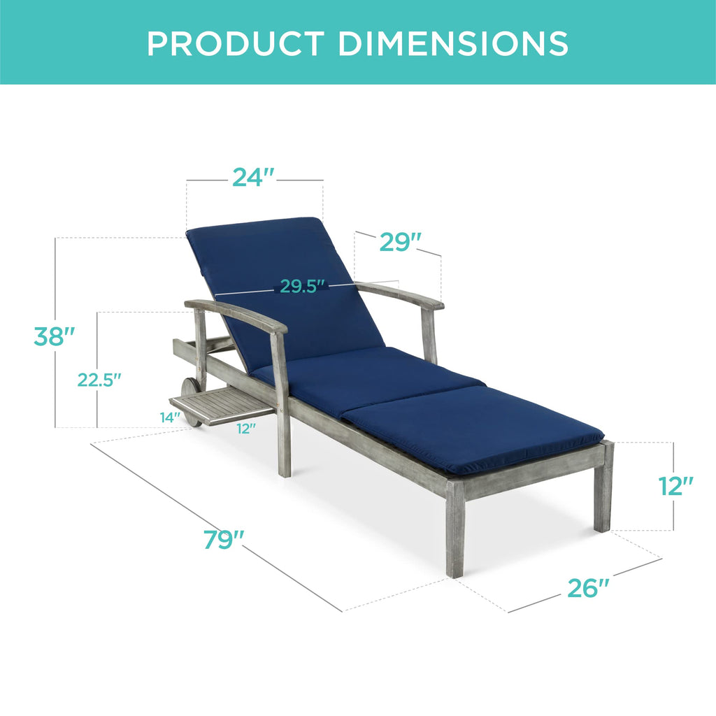 Best Choice Products 79x26in Acacia Wood Chaise Lounge Chair Recliner, Outdoor Furniture for Patio, Poolside w/Slide-Out Side Table, Foam-Padded Cushion, Adjustable Backrest, Wheels - Gray/Cream