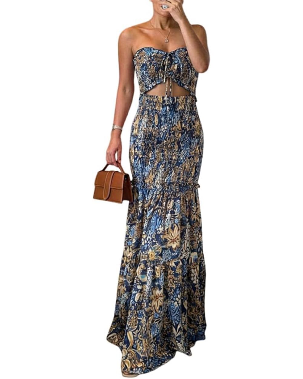 CHICME Floral Printed Vacation Dress Halter Tie Ruched Shirred Bandeau Party Dress Slim Ruffle Hem Wedding Guest Dress