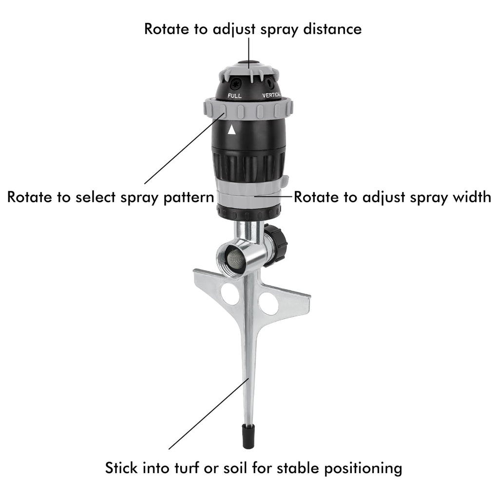 RESTMO Gear Drive Sprinkler with Metal Spike Base, 5-Pattern Heavy Duty Gardening Watering System, Multi-Adjustable Lawn Sprinkle for Garden Plant, Flower Bed and Large Yard Area Watering, Gray