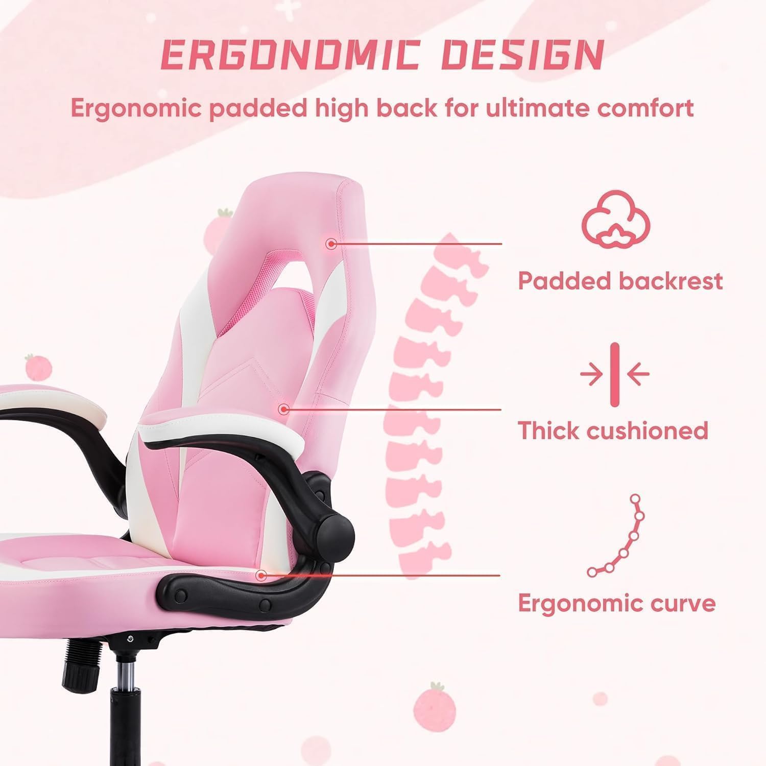 OLIXIS Computer Gaming Desk Chair - Ergonomic Video Game with Comfy Lumbar Support and headrest, PU Leather with Flip-up Arms, Adjustable Height and Swivel Wheels, for Adults, Black