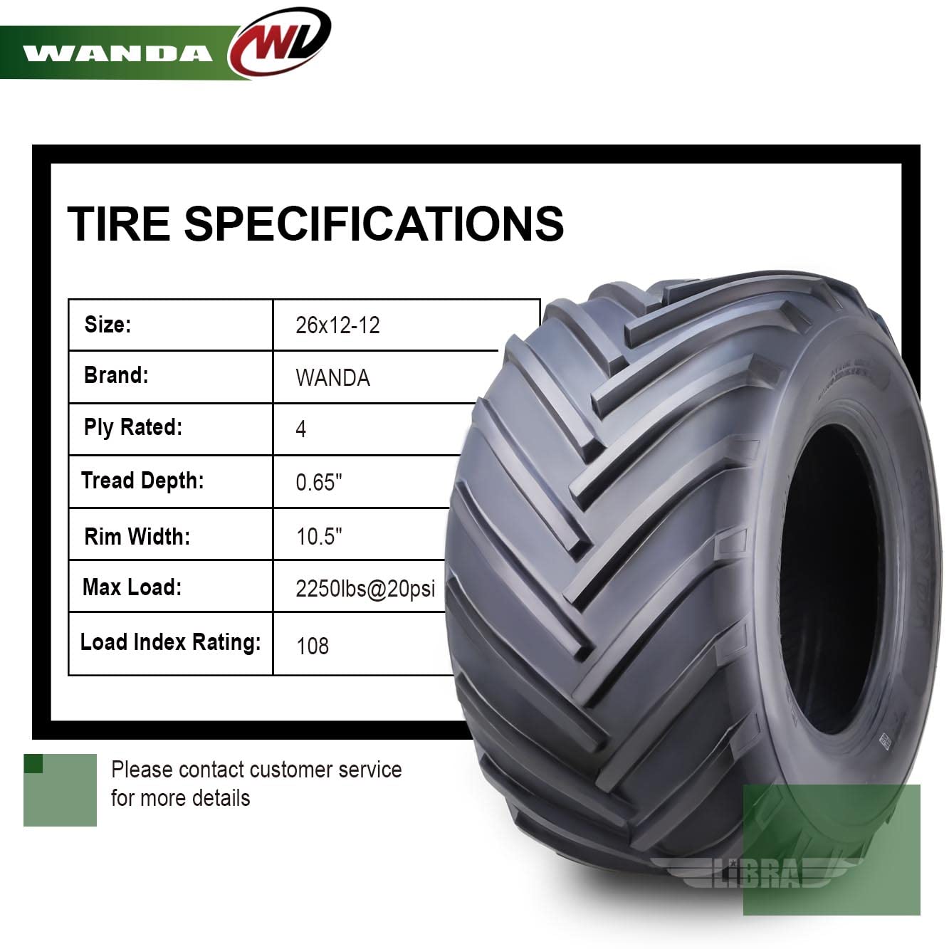 WANDA 11x4-5 Zero Turn Lawn Mower Utility Cart Turf Tire 11x4x5 11x4.00-5/4 Ply - 13204