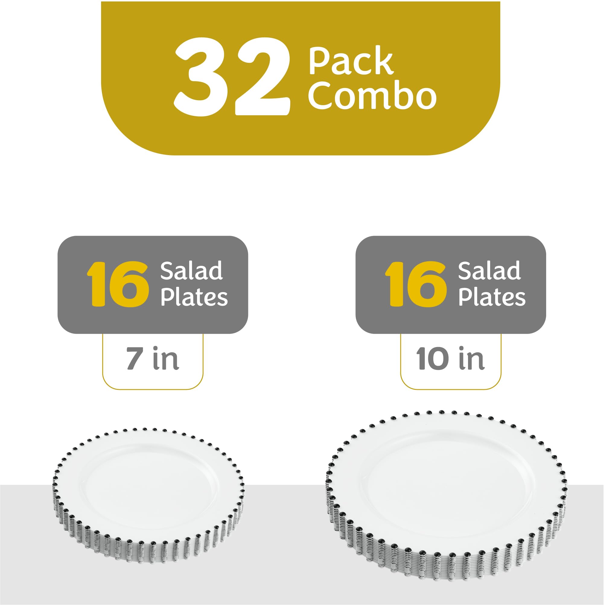 PLASTICPRO 32 Piece Combo Plastic Dinner Plates Disposable Plastic Fancy Heavy Duty Party Dishes 7 inch and 10 inch, Black and Gold Beaded