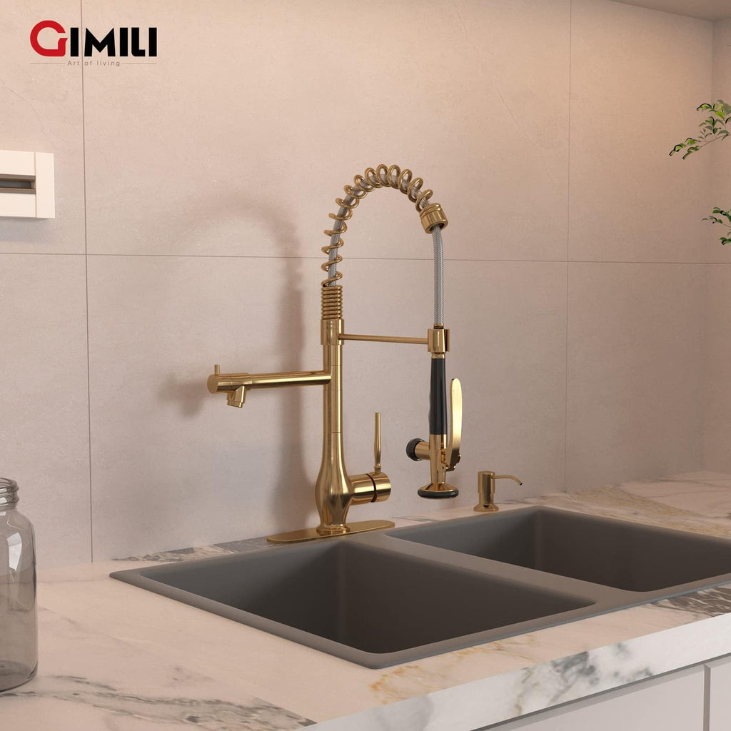 GIMILI Black and Gold Kitchen Faucet with Pull Down Sprayer Single Handle High Pressure Kitchen Sink Faucet Commercial Double-Headed Stainless Steel Kitchen Faucets