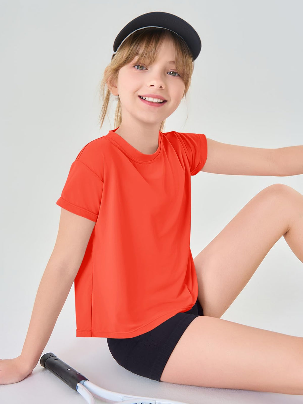 Haloumoning Girls Loose Athletic Shirts Short Sleeve Crop Tops Kids Quick Dry Gym Yoga Tees 5-14 Years