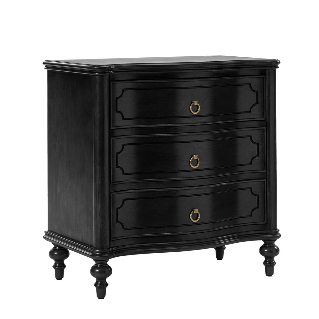 HULALA HOME Traditional Side Table with 3 Drawers, Tall Side Table with Curved Front Profle Desgin, Charging Station, Solid Wood Legs, Black