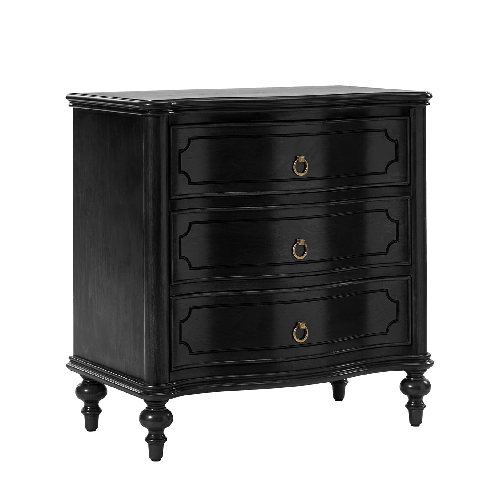 HULALA HOME Traditional Side Table with 3 Drawers, Tall Side Table with Curved Front Profle Desgin, Charging Station, Solid Wood Legs, Black