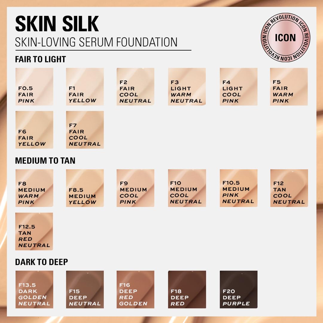 Revolution Skin Silk Radiant Satin Serum Foundation, Buildable Coverage with Hydrating Hyaluronic Acid for a Natural Finish, Vegan & Cruelty-Free, F0.5C Fair Skin Tones, 0.77 fl oz