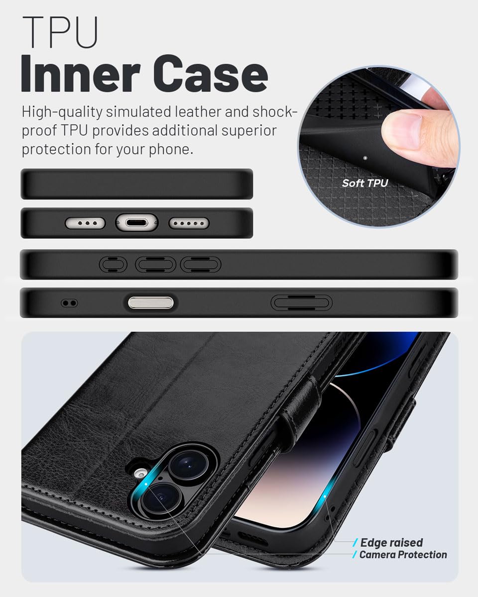 OCASE Compatible with iPhone 16 Wallet Case, PU Leather Flip Folio Case with Card Holders RFID Blocking Kickstand [Shockproof TPU Inner Shell] Phone Cover 6.1 Inch 2024, Black