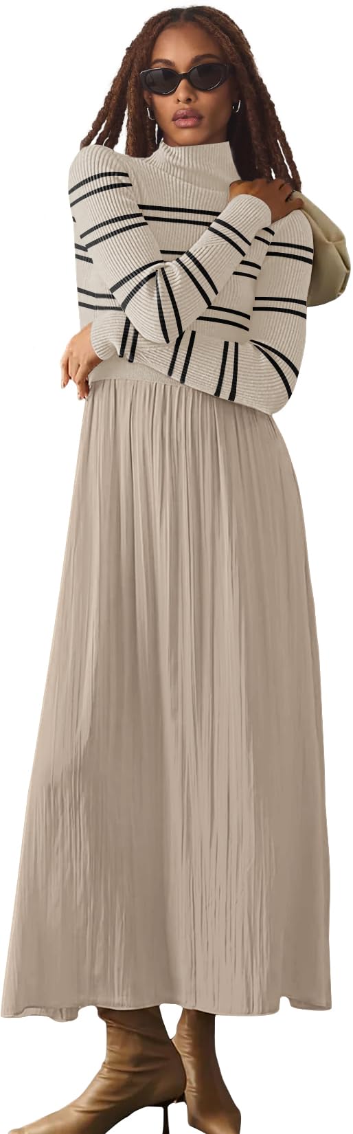Womens Fall Mock Turtleneck Long Sleeve Ribbed Knit Pullover Tops Fashion Long Maxi Dress