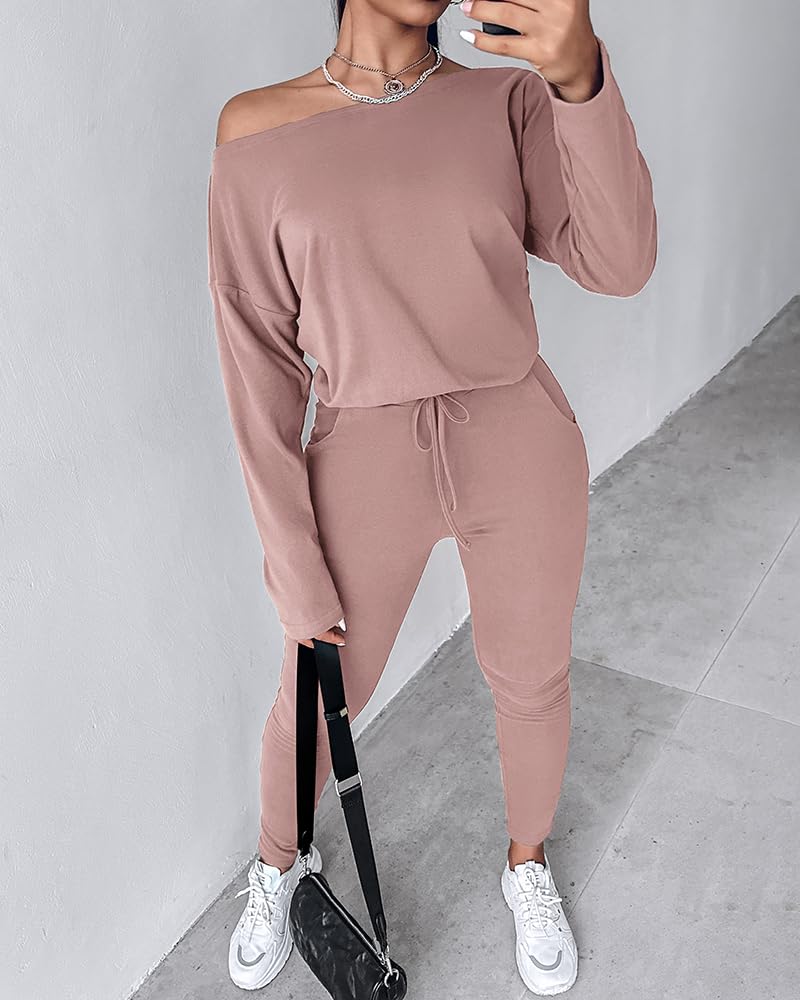 CHICME Women Tracksuit Fall 2 piece Outfits Off The Shoulder Long Sleeve Tops and Pants Set Travel Outfits