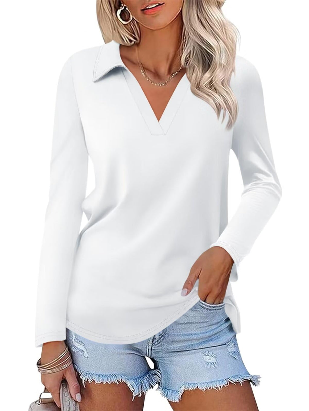 ORANDESIGNE Women's Long Sleeve Polo Shirts Casual Color Block V Neck Tops Fall Collar Ladies Tunics Tees