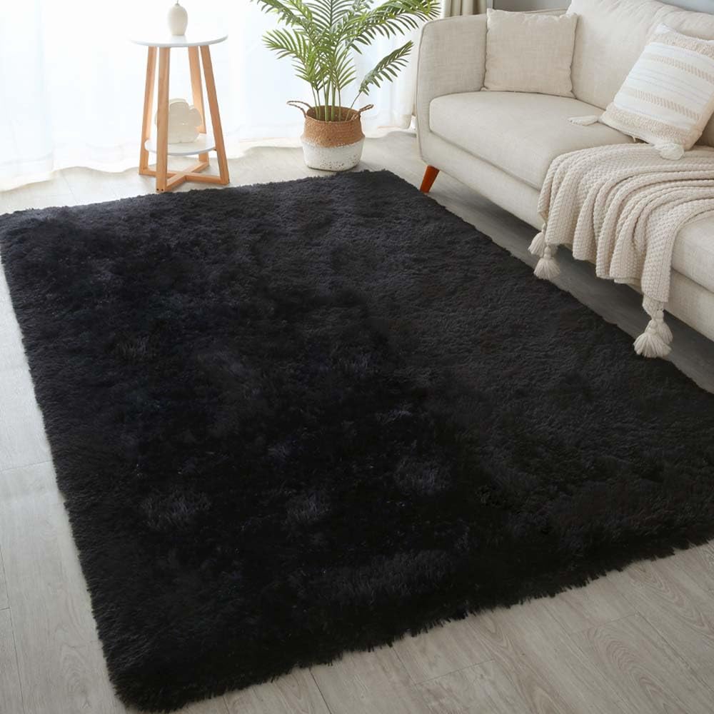 KICHOWUA Thick Area Rug Black Fluffy Shag 3x5 for Bedroom, Ultra Soft Thickened Plush Washable Carpet, Non-Slip Cozy Shaggy Fuzzy Rug for Living Room Nursery Dorm Playroom Kids Baby Room