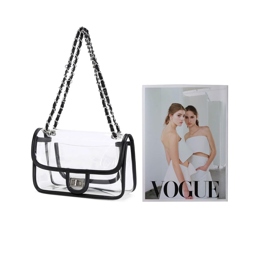 Womens PVC Clear Purse Handbag with Chain Stadium Approved Clear Bag See Through Bag for Working and Concert