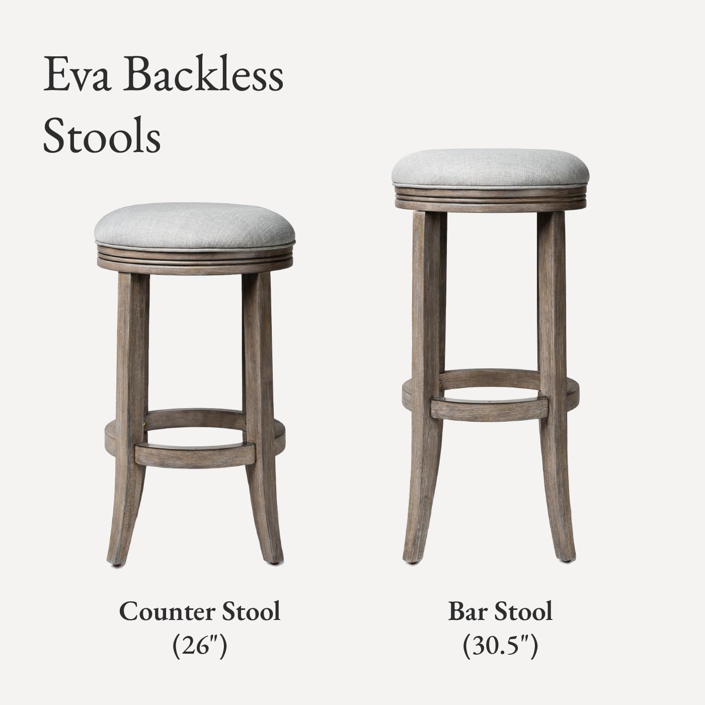 Maven Lane Eva Counter Stool 26 Inches – Round Swivel Stool with Footrest – Grey Solid Wood and Grey Fabric Upholstery – Perfect for Kitchen Islands and Counters