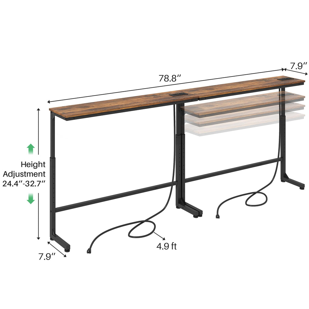Kitstorack Narrow Sofa Table with Charging Station, 78.8" Behind Couch Table, Adjustable 24.4"-32.7" Height, Modular 2-piece Design for sectionals, entryways, Apartments, and Narrow Living Spaces