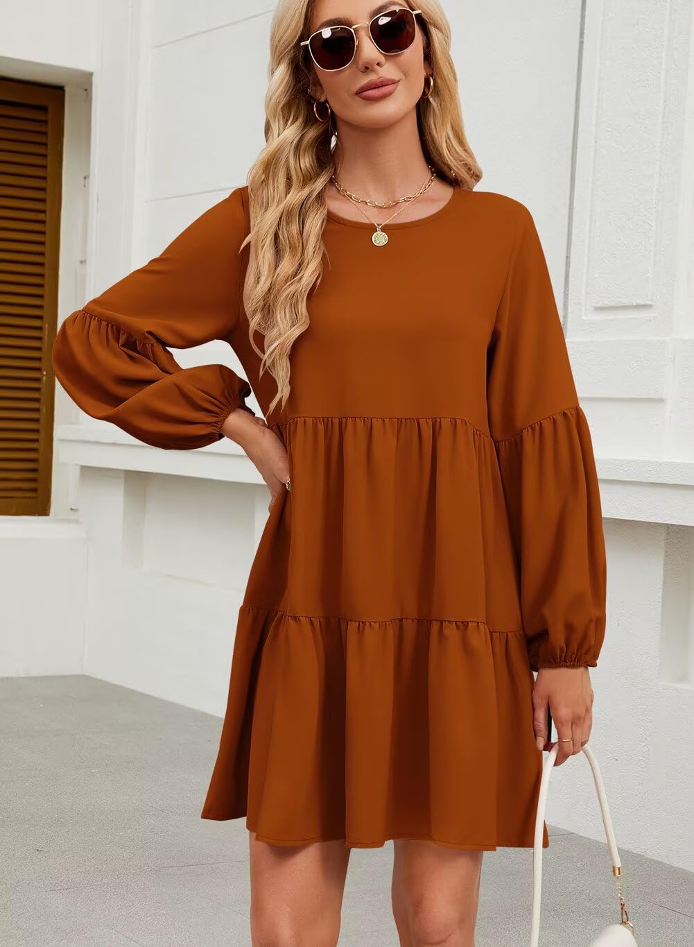 QACOHU Falll Dresses for Women 2026 Crew Neck Long Lantern Sleeve Casual Loose Flowy Swing Shift Dress