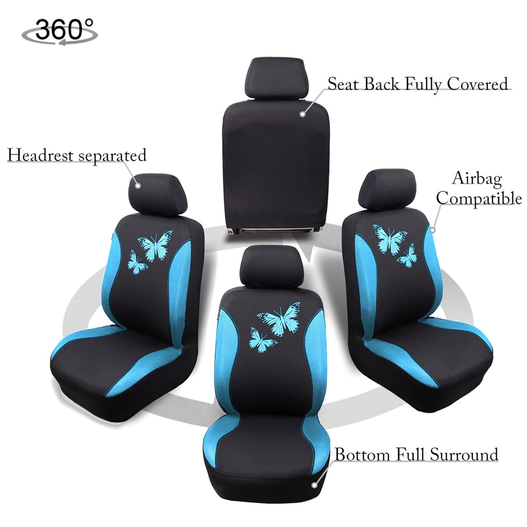 Flying Banner Butterfly car seat Covers ful Set Fashion Universal Lady Woman Female Rear Bench Split Colorized (2 Fronts, Mint Blue)