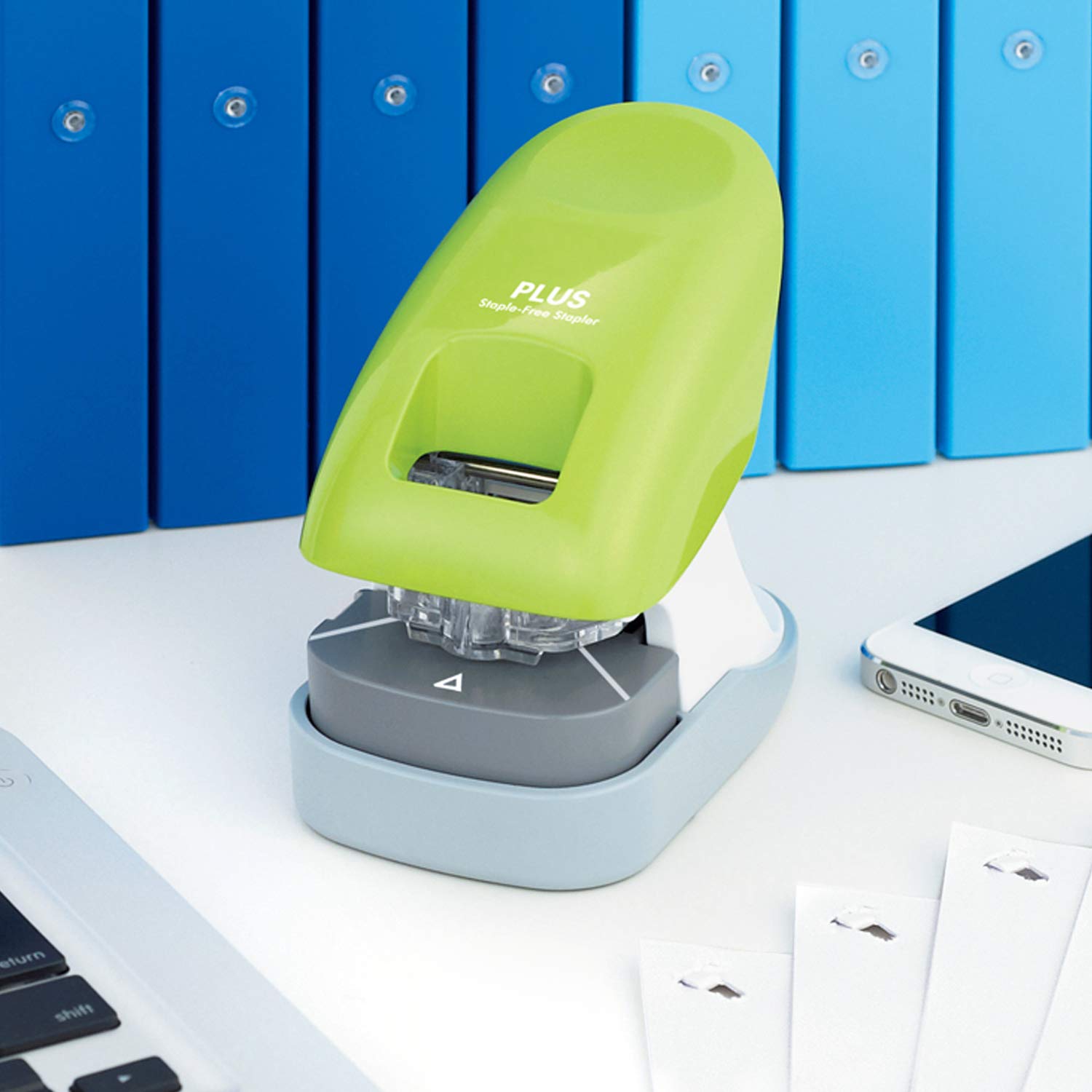 Plus Paper Clinch Compact Staple-Free Stapler, Blue Turquoise