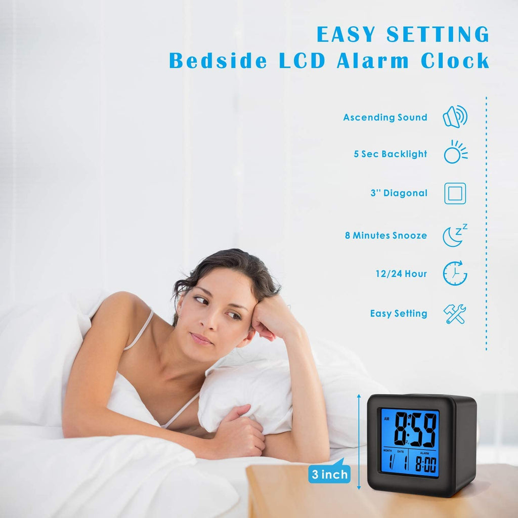 Plumeet Digital Alarm Clock Kids Clock with Snooze and White Nightlight - Easy Setting Travel Alarm Clocks Display Time, Date, Alarm - Ascending Sound - Battery Powered (Baby Blue)