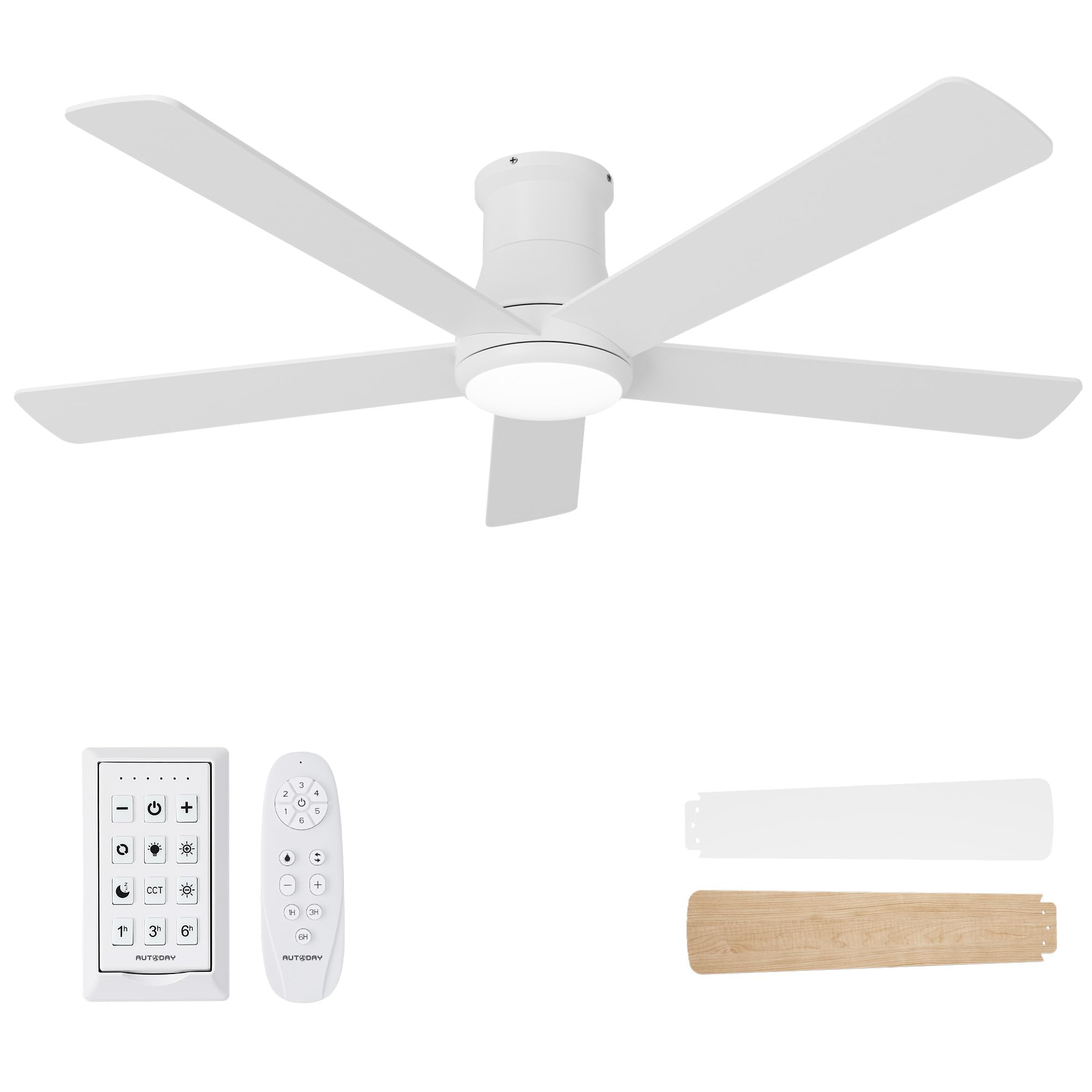 42 Inch Low Profile Ceiling Fan with Light, White Ceiling Fans with Lights and Remote, Flush Mount, 6 Speeds Reversible Quiet DC, 3CCT Dimmable, Indoor Outdoor Ceiling Fans for Patios Bedroom