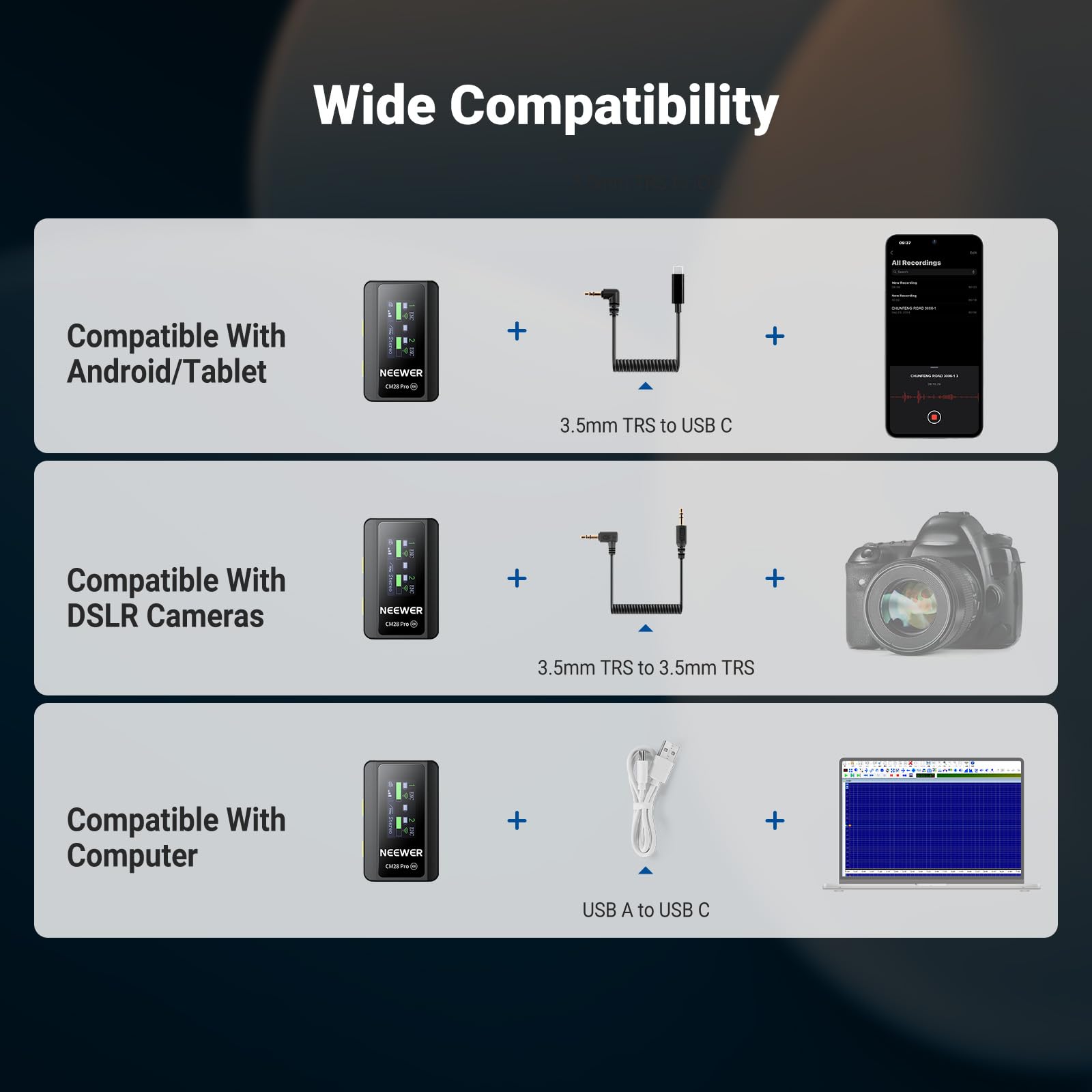 NEEWER CM28 Wireless Lavalier Microphone System, 1 Click Noise Canceling, 4GB Storage for 9Hrs of 48KHz 16 Bit Uncompressed Audio, Lapel Mic Compatible with iPhone/Android/PC/Camera/iPad