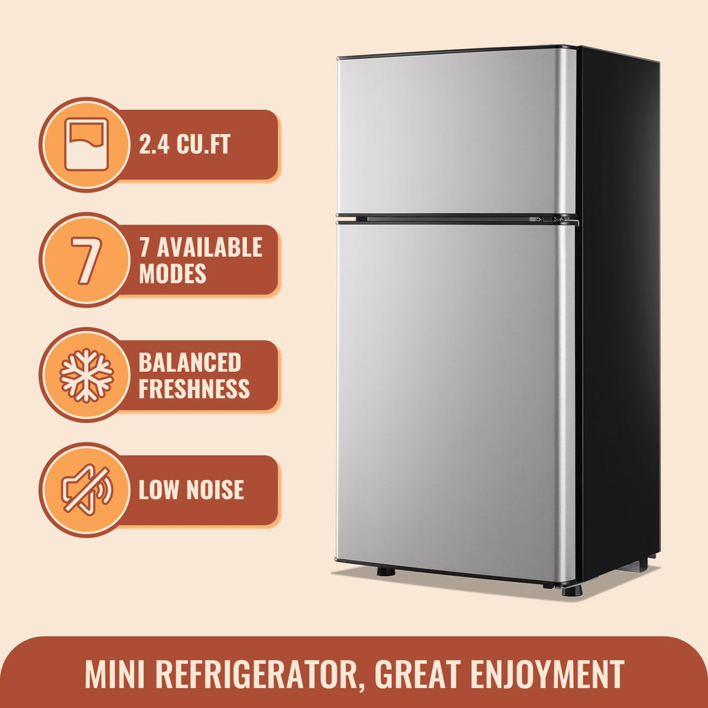 DEMULLER Mini Fridge with Double Doors Small Refrigerator with Separate Freezer & 7 Adjustable Temperature Control, Tiny Size & Personal Fridge Ideal for Office Apartment Dorm Black
