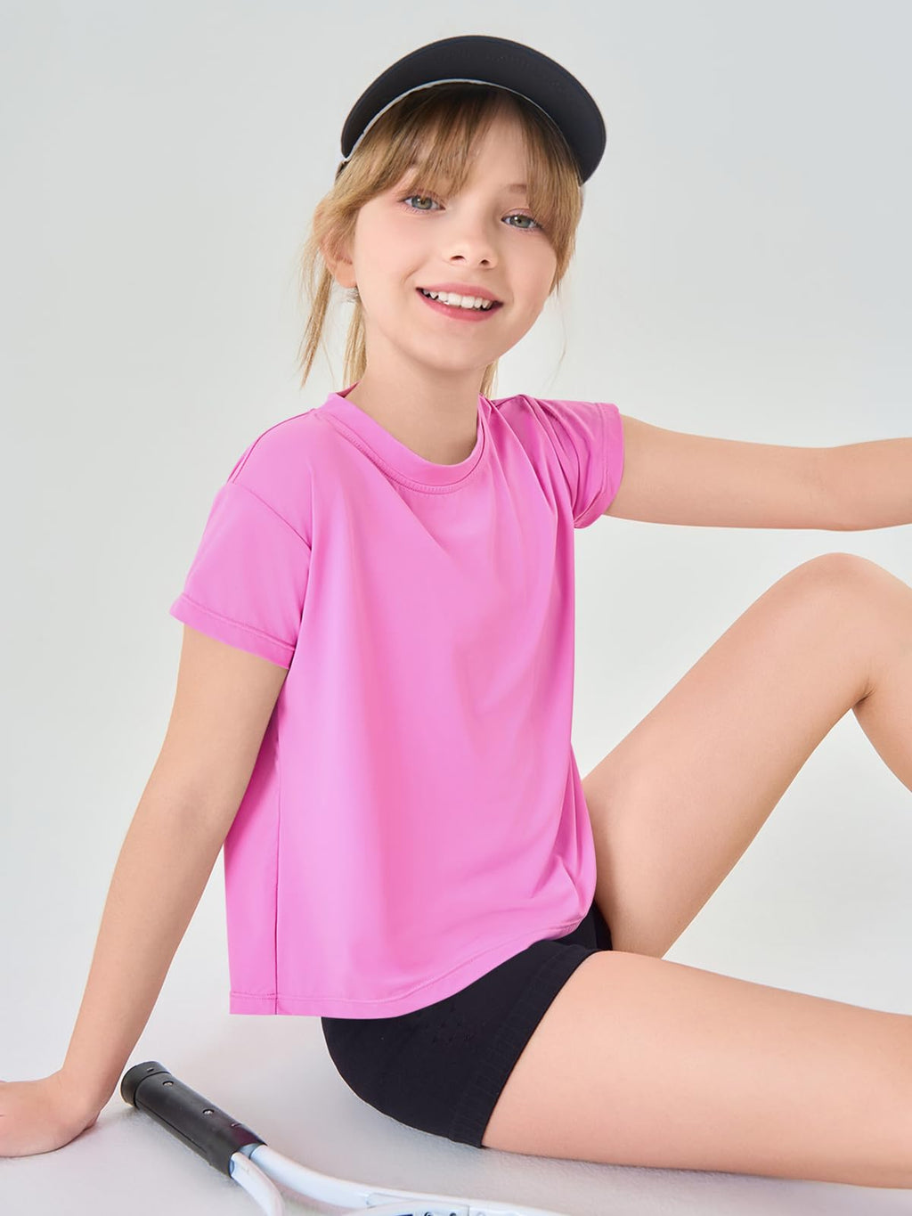 Haloumoning Girls Loose Athletic Shirts Short Sleeve Crop Tops Kids Quick Dry Gym Yoga Tees 5-14 Years