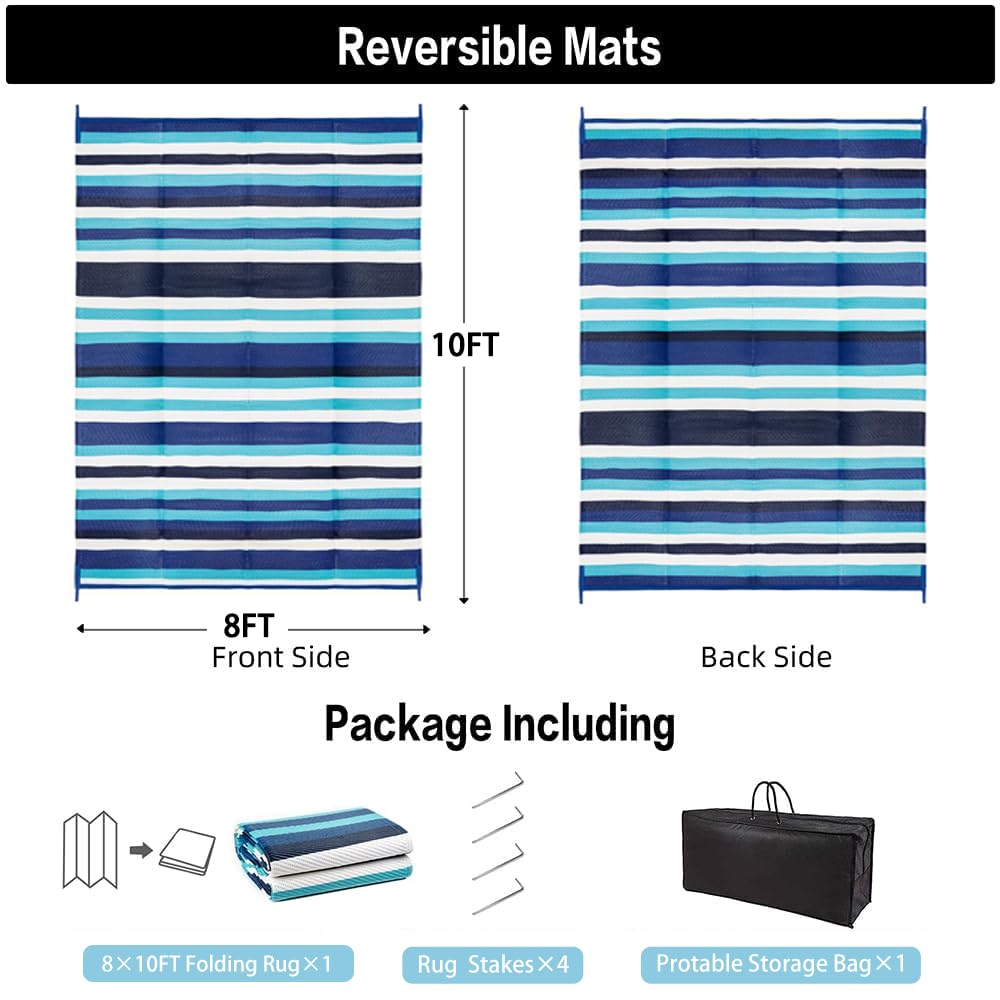 HUGEAR Outdoor Patio Rug 3'x5' Waterproof Outside Area Rugs Blue Reversible Plastic Straw Carpet for RV Deck Camping Entryance Porch Picnic Balcony Beach