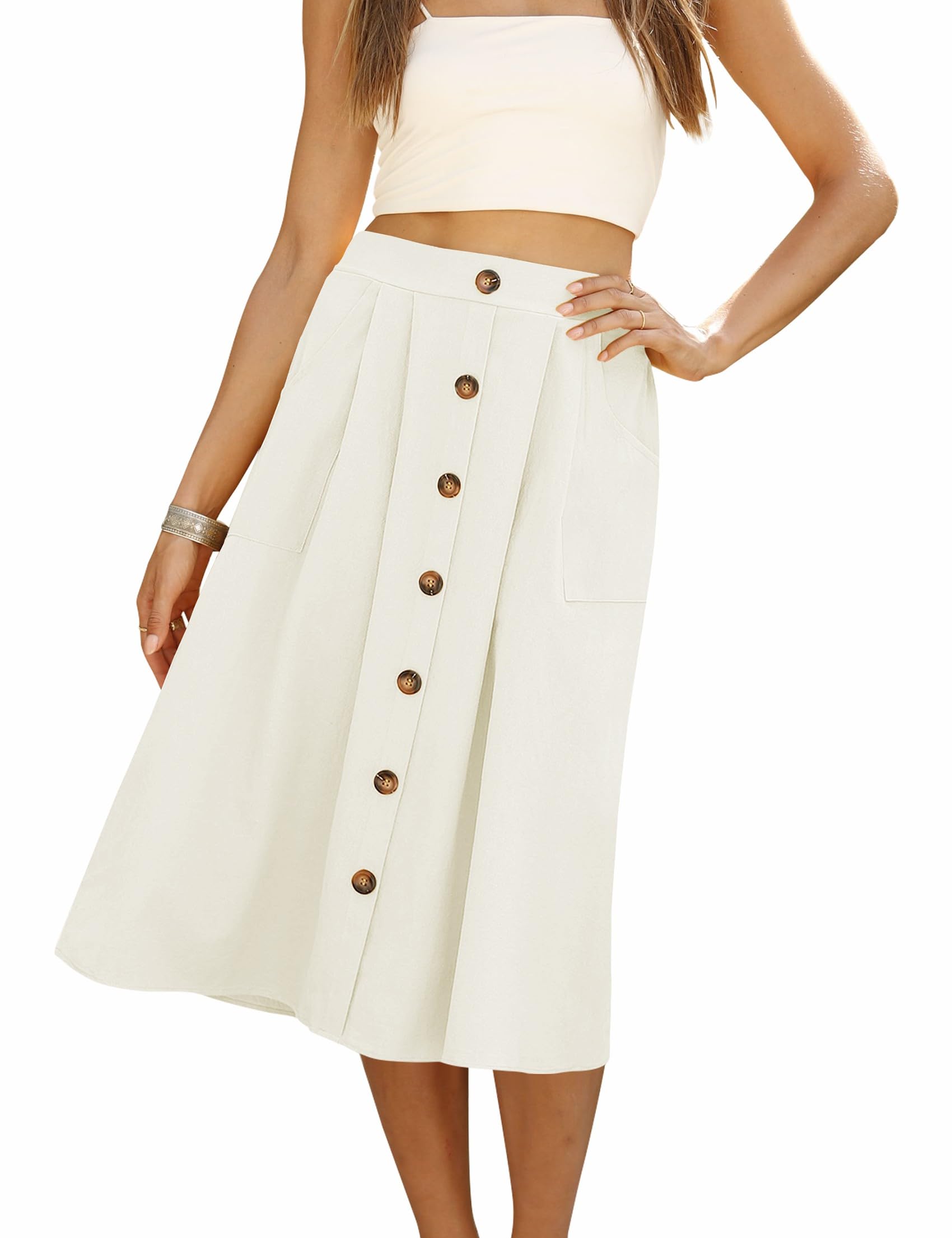 Naggoo Womens Summer Skirts Casual Front Button A-Line High Waisted Midi Skirt with Pockets