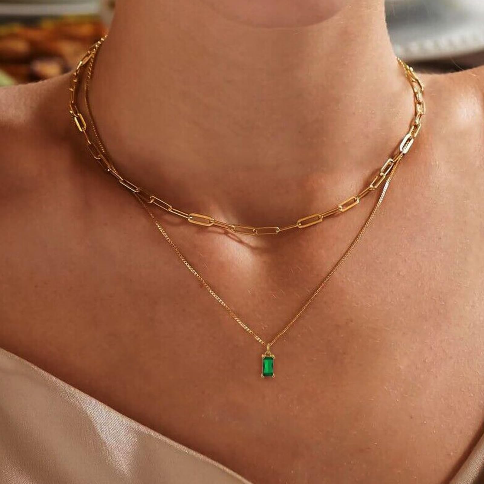 Dainty Gold Charm Necklaces for Women Non Tarnish, 14K Trendy Blue Green Cubic Zirconia Emerald Pendant Birthstone Necklaces Birthday Gifts for Women Waterproof Jewelry