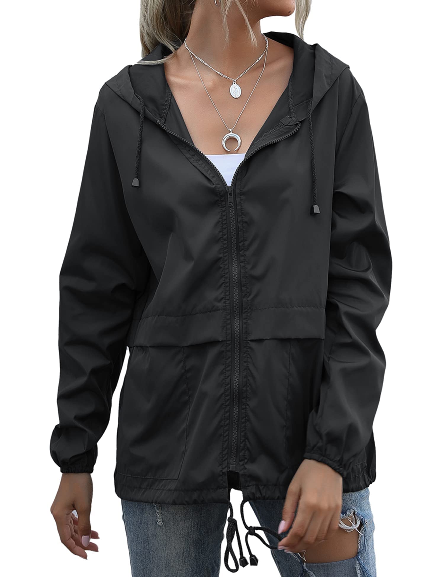 Women's Raincoats Lightweight Waterproof Windproof Adjustable Windbreaker Rain Jackets Hooded with Pockets S-XXL