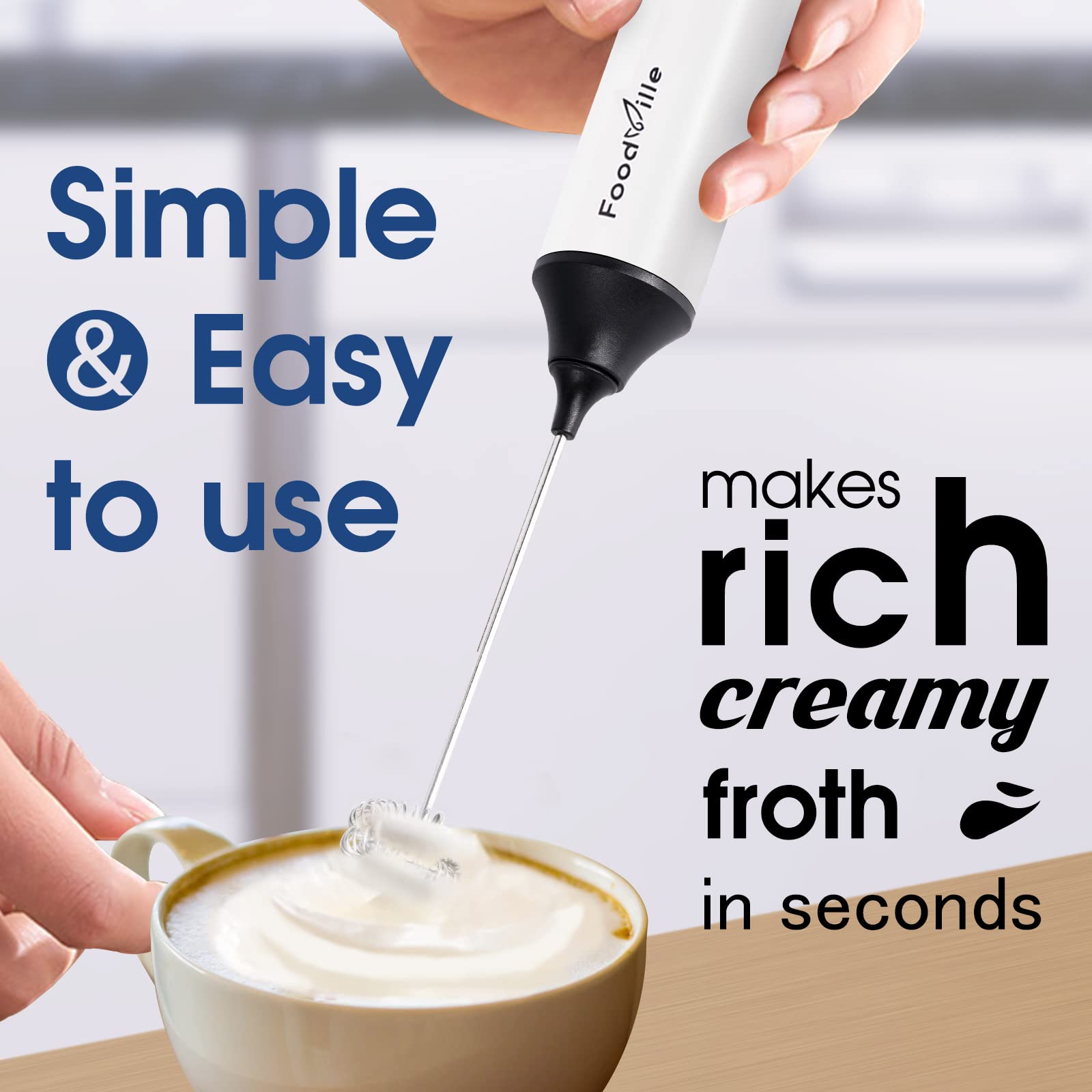 FoodVille MF05 Rechargeable Milk Frother USB Charging Handheld Foam Maker with Stainless Balloon Whisk for Cappuccino, Latte, Bulletproof Coffee, Keto Diet, Protein Powder, Matcha (Black)