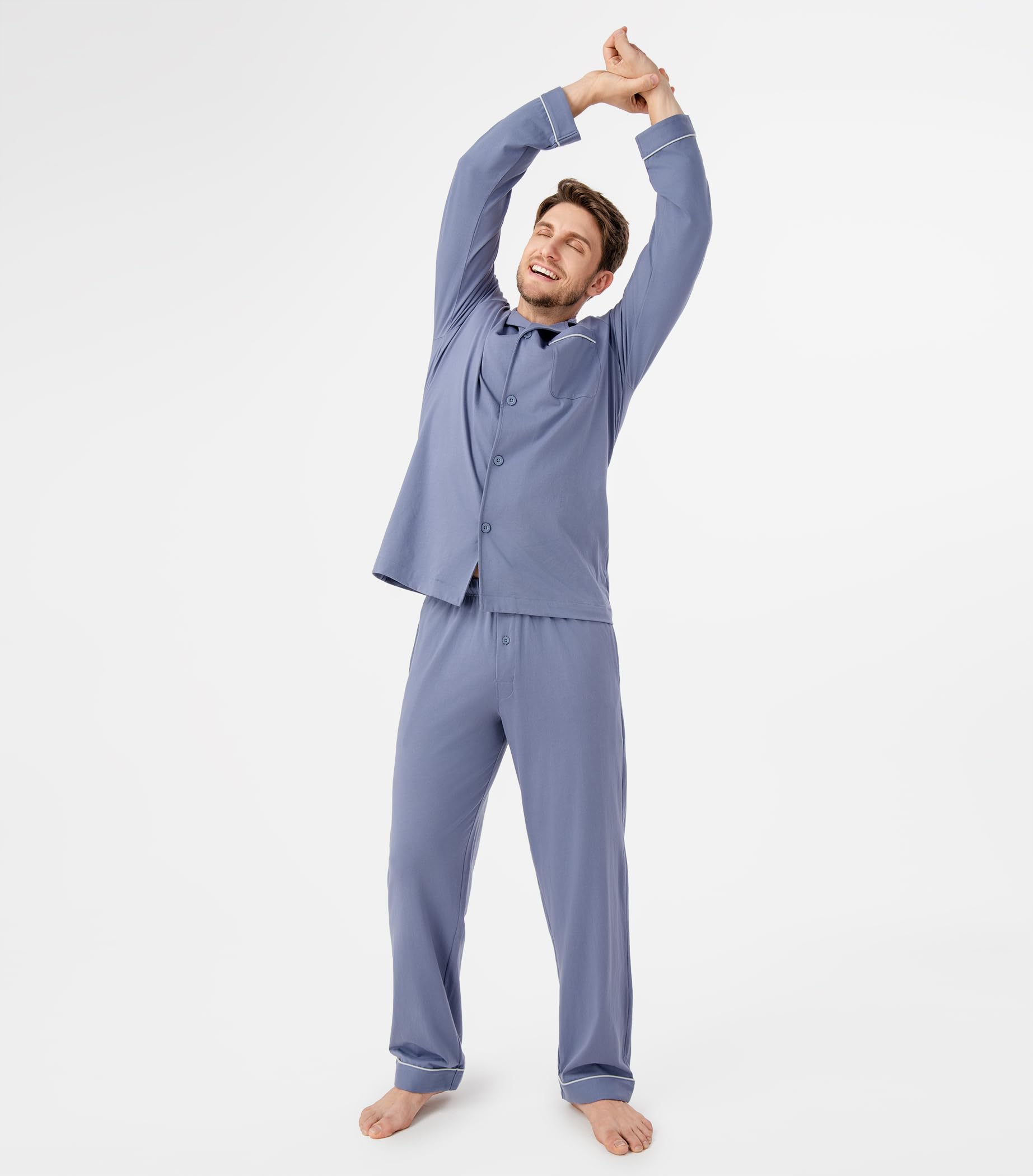 DAVID ARCHY Mens Pajamas Set Soft Cotton Notched Collar Pajamas for Men Long Sleeve Mens Sleepwear with Pockets & Front Fly