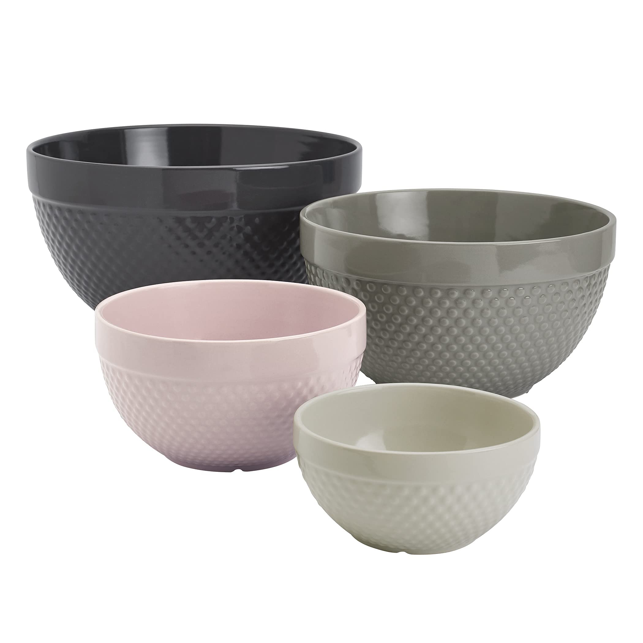 TTU Tabletops Gallery Hobnail Style 4 Piece Timeless Grey Stoneware Nesting Mixing Bowl Set for Baking and Cooking